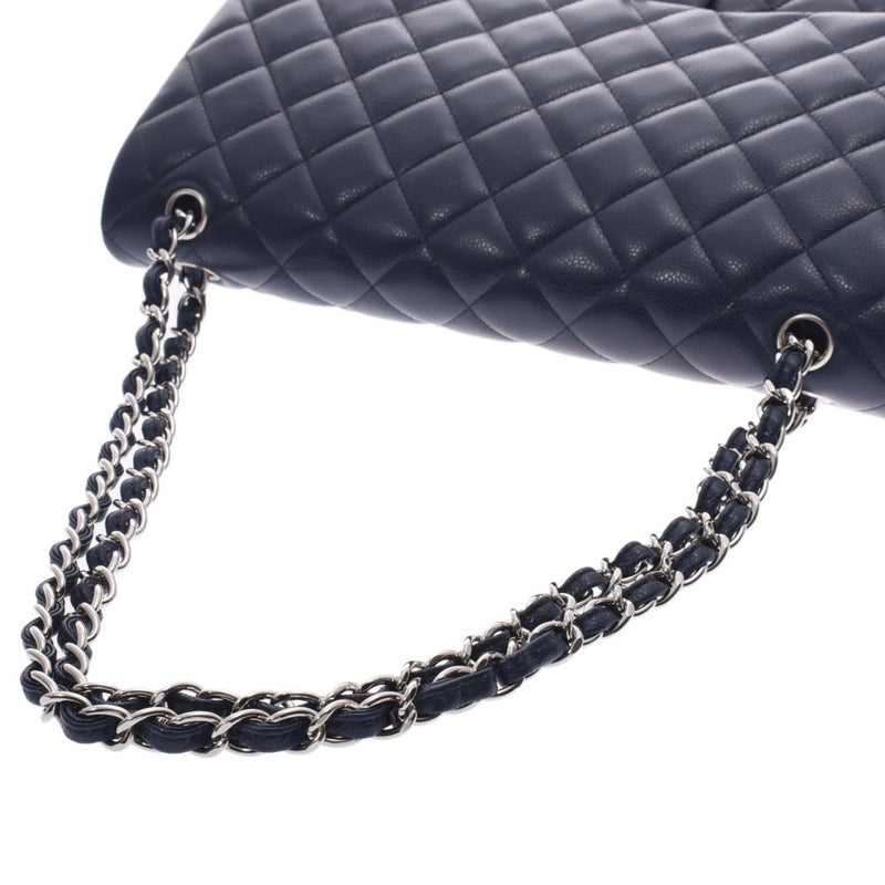CHANEL deca matasse double flap chain shoulder bag navy silver metal fittings ladies caviar skin shoulder bag AB rank used silver store