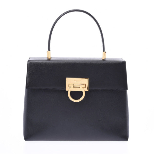 Salvatore Ferragamo Ferragamo Gantini 2WAY Bag Black Gold Metallic Ladies Calf Handbag AB Rank Used Ginzo