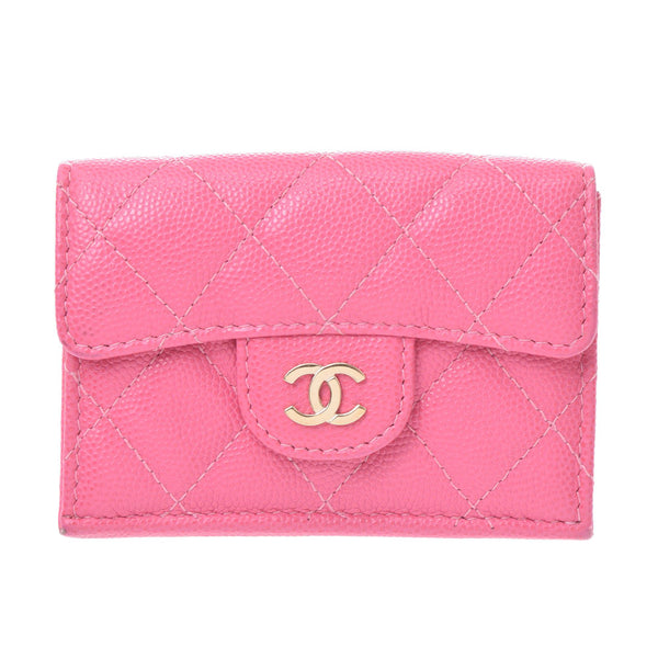 CHANEL compact wallet pink gold metal fittings ladies caviar skin three fold wallet AB rank used Ginzo