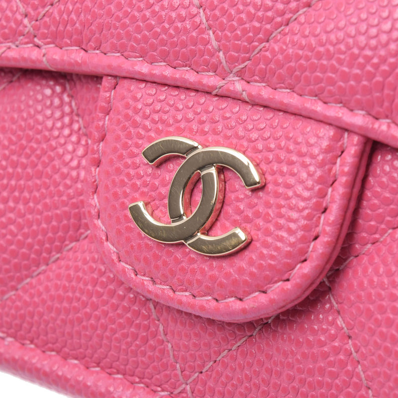 CHANEL compact wallet pink gold metal fittings ladies caviar skin three fold wallet AB rank used Ginzo