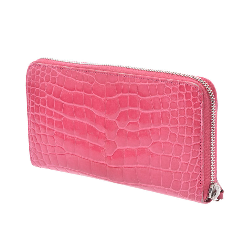 CHANEL Chanel round fastener long wallet pink silver metal fittings Lady's crocodile long wallet AB rank used silver storehouse