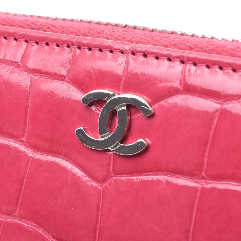 CHANEL Chanel round fastener long wallet pink silver metal fittings Lady's crocodile long wallet AB rank used silver storehouse