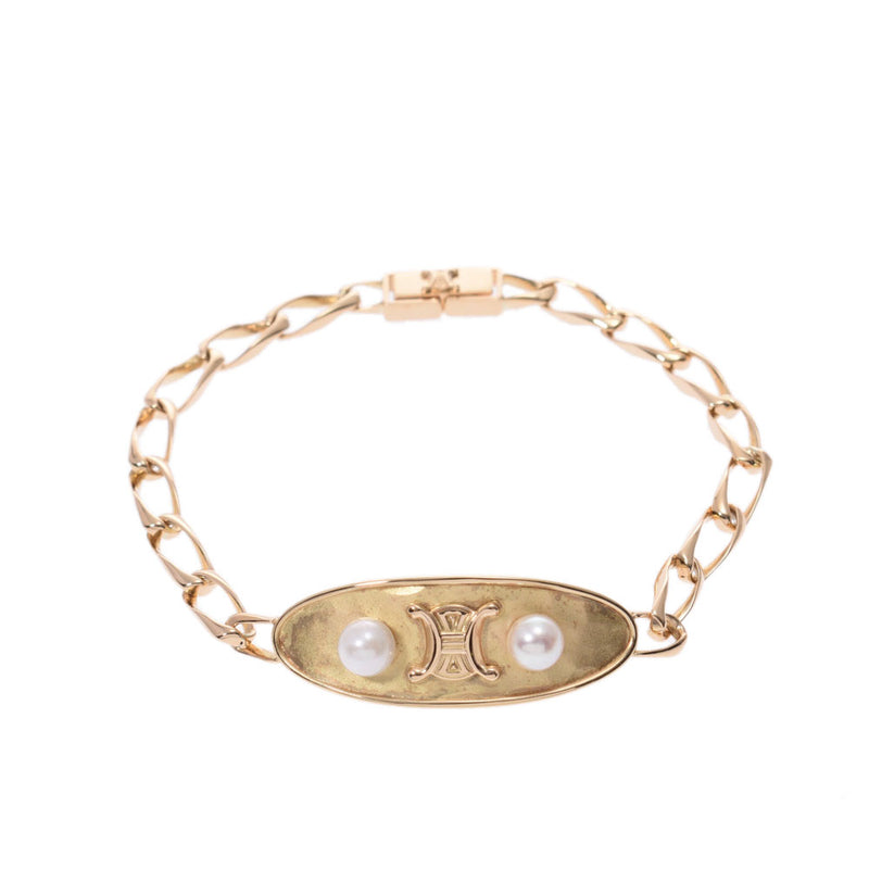 CELINE Celine logo plate bracelet 2P pearl Lady's K18YG bracelet A rank used silver storehouse