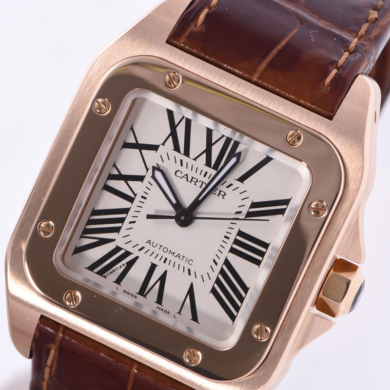 100 CARTIER Cartier Santos MM W20108Y1 men PG/ leather watch self-winding watch white clockface A rank used silver storehouse