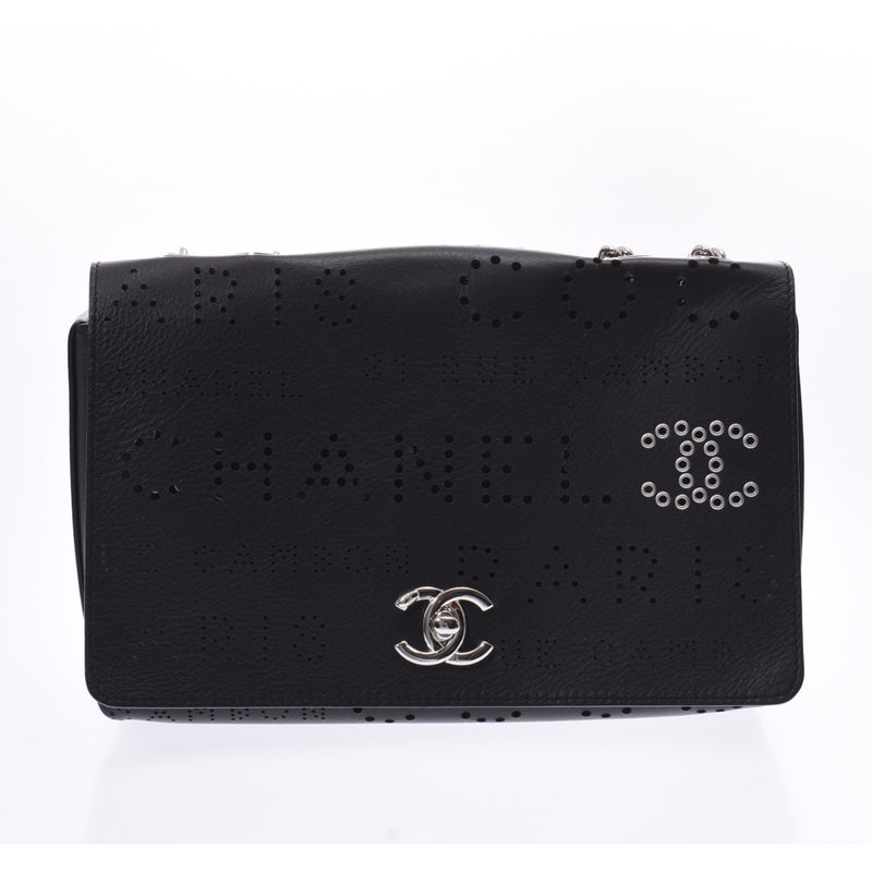 Chanel punching chain shoulder black silver hardware ladies calf shoulder bag a