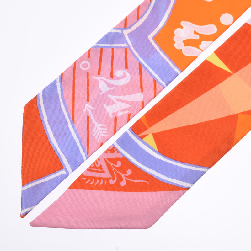 HERMES エルメス ツイリー 新タグ シルクゲーム/JEU DE SOIE UNIFORME. オレンジ/紫/ピンク系 レディース シルク100％ スカーフ 未使用 銀蔵