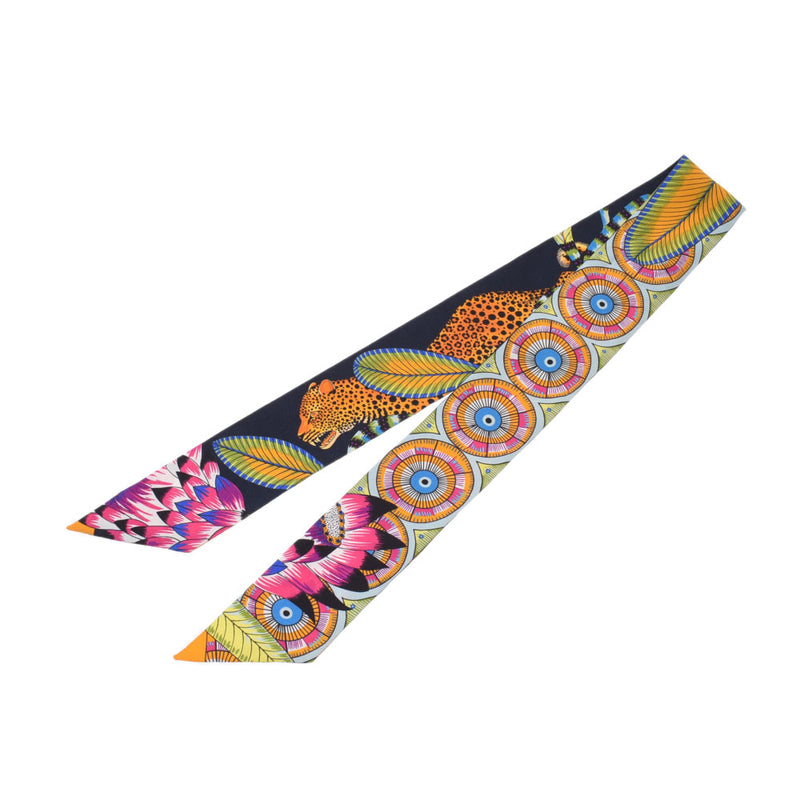 HERMES Twilly Savannah Dance / The Savana Dance Black / Yellow / Pink Women's 100％Silk Scarf A Rank Used Ginzo