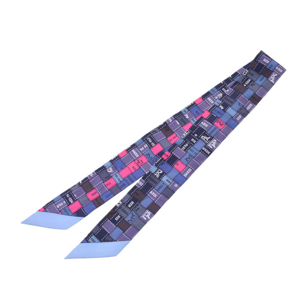 HERMES Twilly Ribbon Pattern Blue/Pink/Grey Ladies 100% Silk Scarf Unused Ginzo