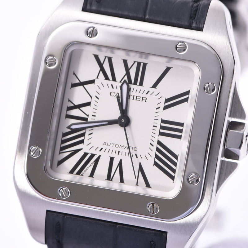 CARTIER Cartier Santos 100MM W20106X8 men SS/ leather watch self-winding watch white clockface A rank used silver storehouse