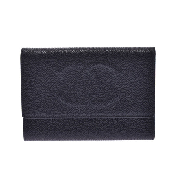 Three CHANEL Chanel here mark black Lady's caviar skin fold wallet A rank used silver storehouse