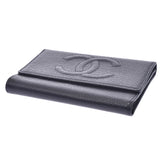 Three CHANEL Chanel here mark black Lady's caviar skin fold wallet A rank used silver storehouse