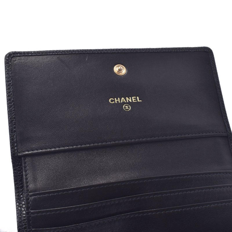 Three CHANEL Chanel here mark black Lady's caviar skin fold wallet A rank used silver storehouse