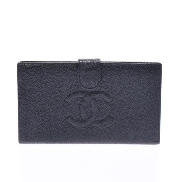 CHANEL Chanel pouch here mark black lady's caviar skin long wallet AB rank used silver storehouse