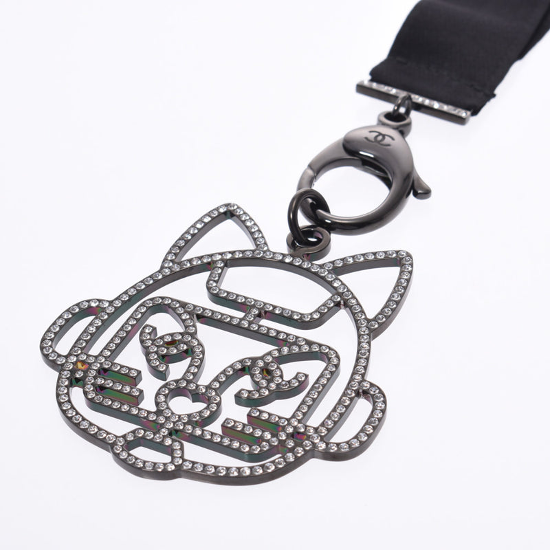 CHANEL CHANEL CAT ROBOT Neck Strap 17 Year Silver/Black Unisex Rhinestone Strap Shin-Do Used Ginzo