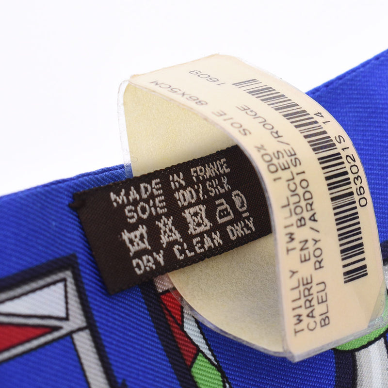 HERMES Twilly old tag buckle pattern / Carr en Boucles blue ladies 100% silk scarf unused silver ware