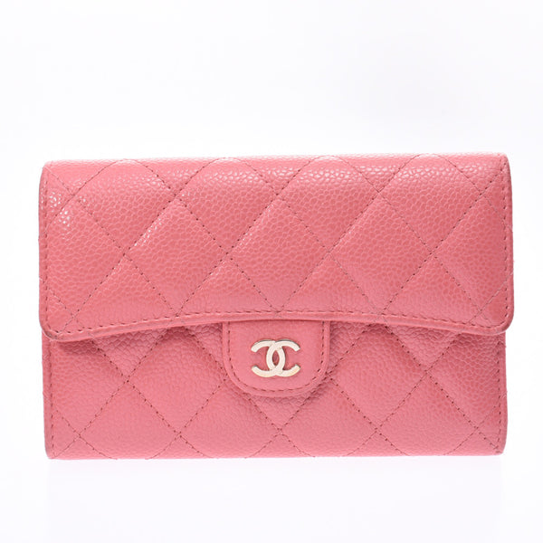 CHANEL Mattelasse Compact Wallet Pink Ladies Caviar Skin Tri-Fold Wallet B Rank Used Ginzo