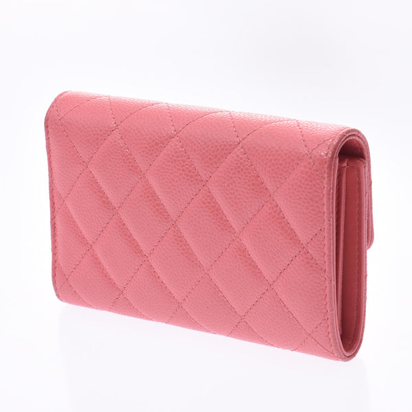 CHANEL Mattelasse Compact Wallet Pink Ladies Caviar Skin Tri-Fold Wallet B Rank Used Ginzo