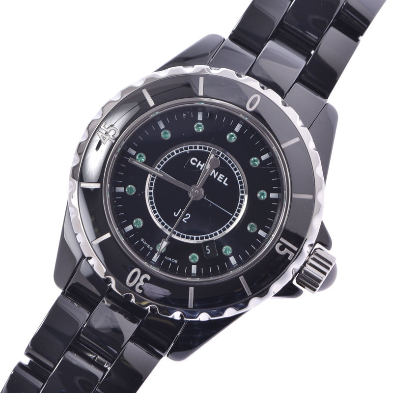 Chanel j1233mm 12p emerald silver needle h2130 Boys Black Ceramic / SS Watch quartz black dial ab