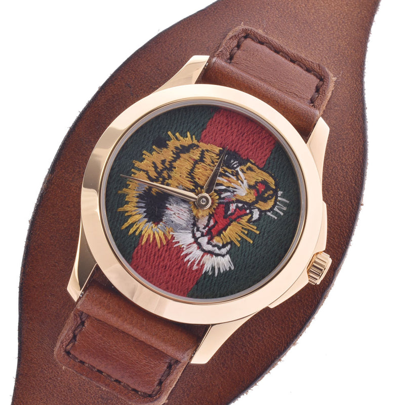 GUCCI Gucci G Timeless Tiger Men's SS (Gold Coating)/Leather Watch Quartz Green/Red Dial Shindo Used Ginzo