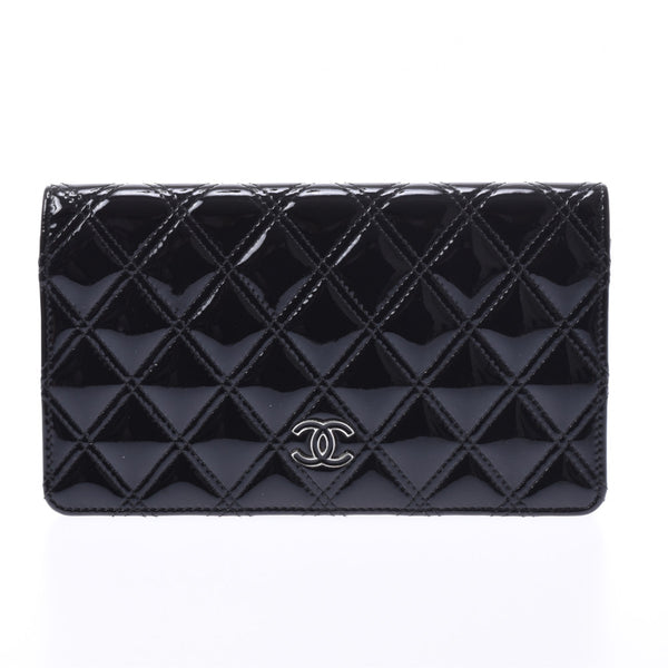 CHANEL Mattelasse Long Wallet Black Ladies Enamel Bi-fold Wallet AB Rank Used Ginzo