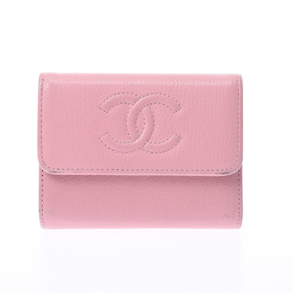 CHANEL medium size coin purse pink ladies calf coin case B rank used Ginzo