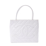 CHANEL Reprint Tote White Ladies Caviar Skin Handbag B Rank Used Ginzo