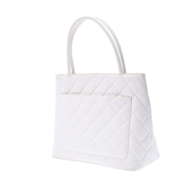 CHANEL Reprint Tote White Ladies Caviar Skin Handbag B Rank Used Ginzo