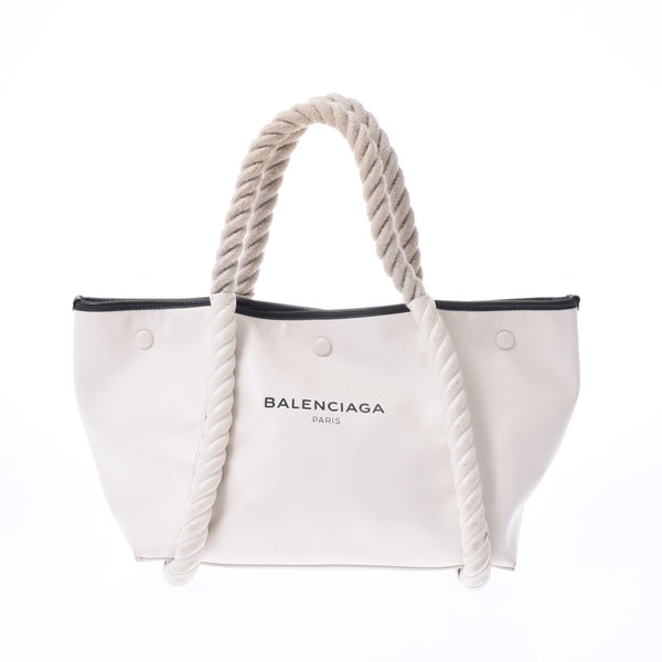 BALENCIAGA Navy Cover Rope Handle White Ladies Calf Handbag B Rank Used Ginzo