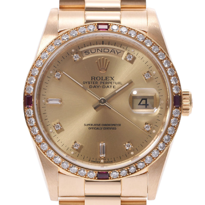 ROLEX Rolex D date bezel diamond /4P ruby 18,378A men's YG watch self-winding watch champagne clockface A rank used silver storehouse