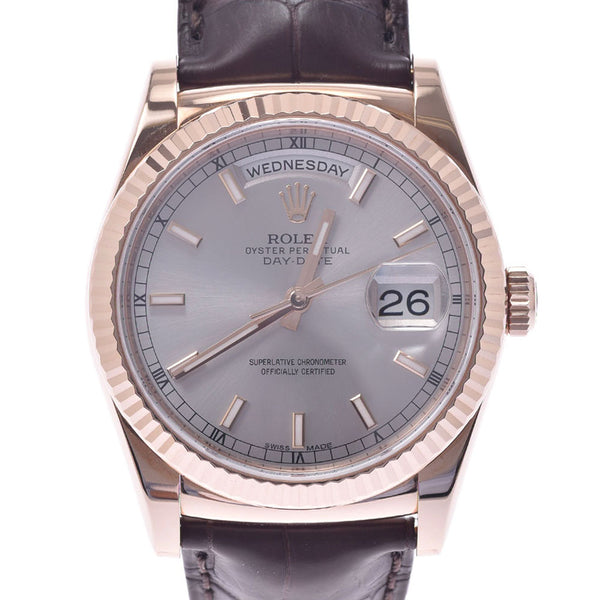 ROLEX Rolex D date 118135 men's PG/ leather watch self-winding watch gray system clockface A rank used silver storehouse
