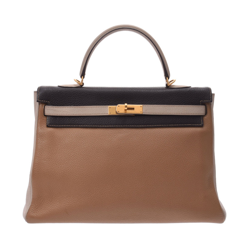 HERMES Hermes Kelly 35, stitch in tricorol beige, light gray line, black * G's stamp (around 2003) Ladies' Trion Clemmance Handbags, AB Ranksō Chushoginzo