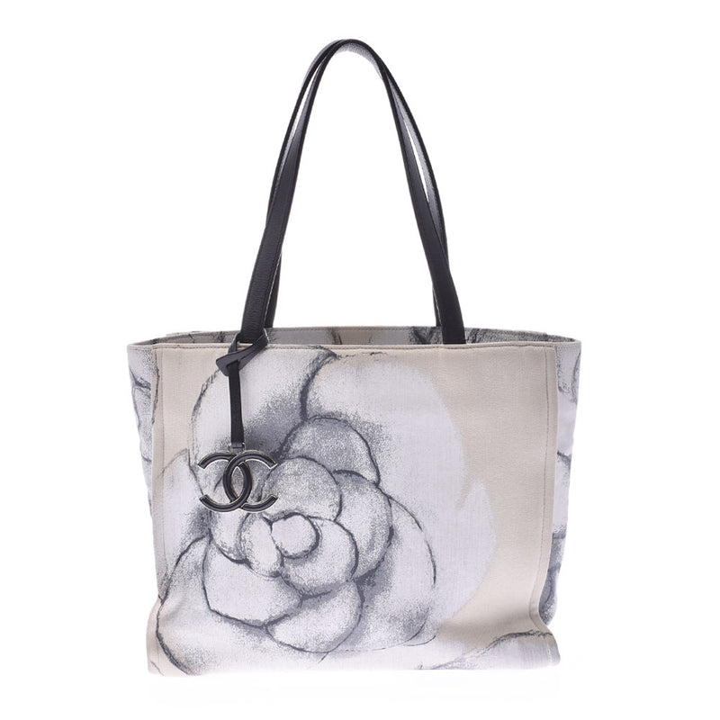 CHANEL Camellia White/Ivory/Black Ladies Canvas/Leather Tote Bag A Rank Used Ginzo