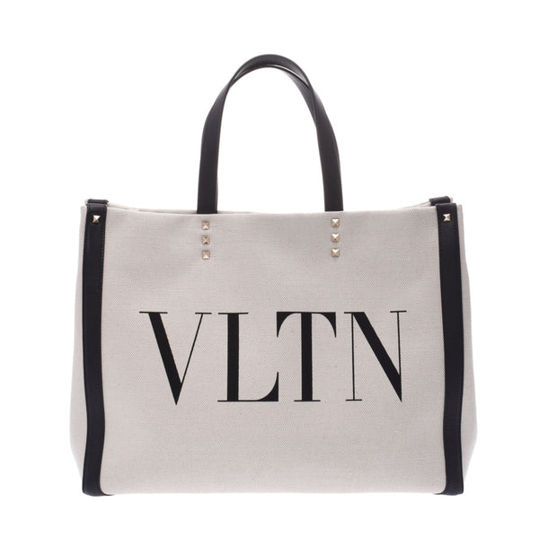瓦伦蒂诺·加拉瓦尼购物袋VLTN打印叠件自然/黑银金属零件中性帆布皮革包未使用银藏