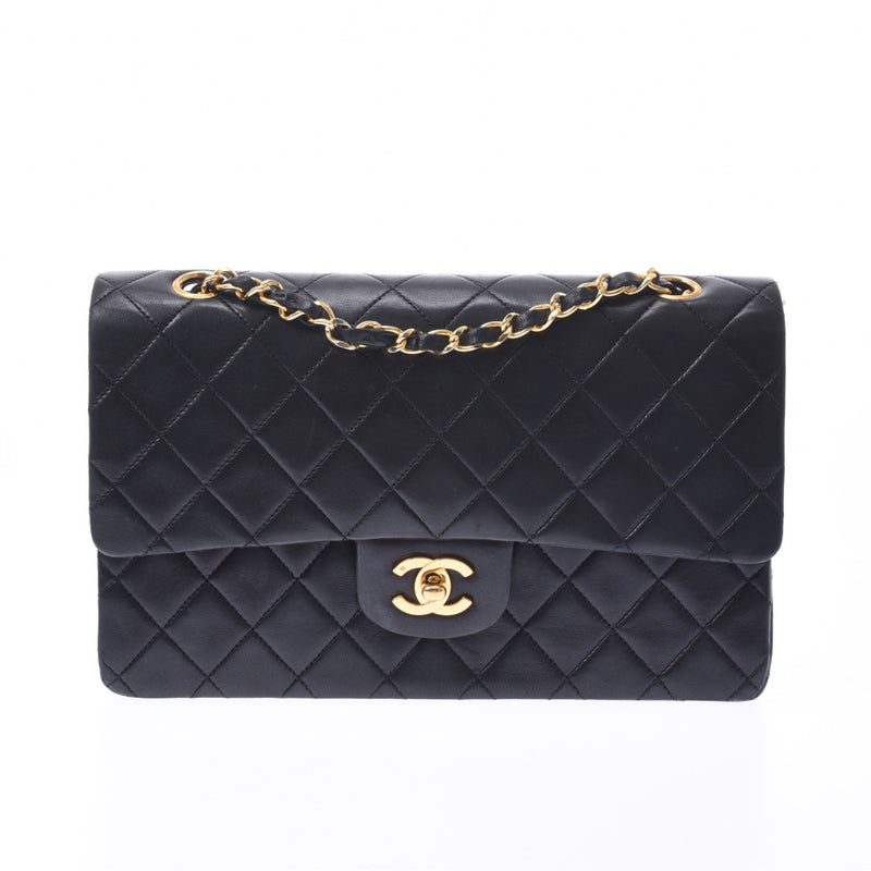 CHANEL Chanel matelasse chain shoulder bag double flap black gold metal fittings Lady's lambskin shoulder bag AB rank used silver storehouse