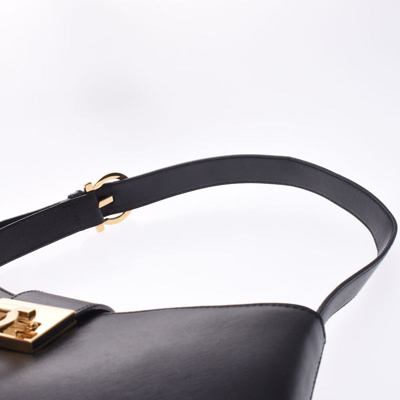 Salvatore Ferrario Ferragamo Gancini Metal Fittings Handbag Black Gold Metal Fittings Women's Leather Semi-Shoulder Bag AB Rank Used Ginzo