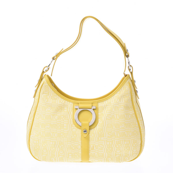 Salvatore Ferragamo フェラガモガンチーニ metal fittings yellow silver metal fittings Lady's canvas / calf one shoulder bag AB rank used silver storehouse