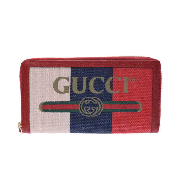 GUCCI古驰（Gucci）拉链钱包红色金色硬件524790中性小牛皮/亚麻长钱包未使用的Ginzo