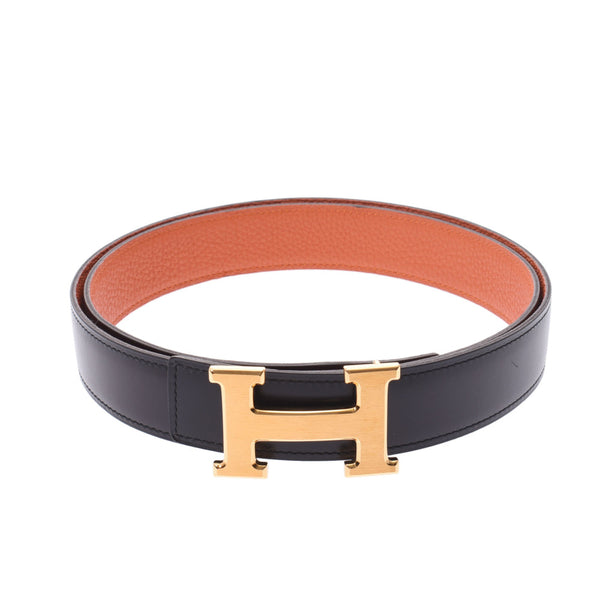 Hermes H belt 105cm riversible black/orange gold metal fittings