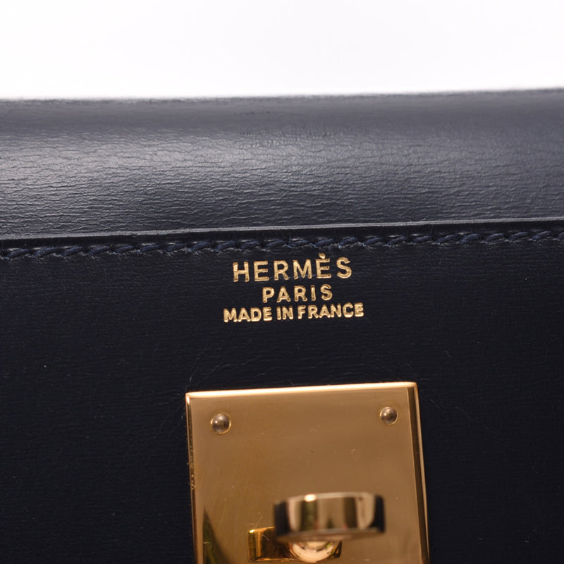 HERMES Hermes, Kelly 32, dark blue gold, dark gold, and X tick (circal), Ladies' Box 2WAY bag, A rank used silver storehouse.