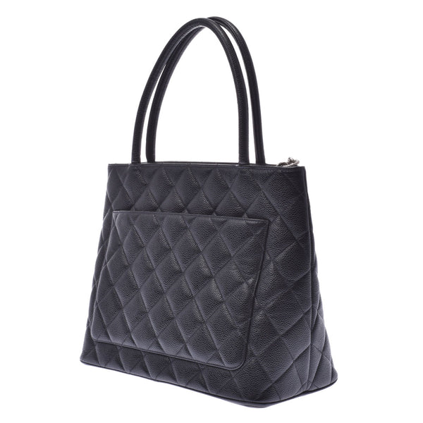 CHANEL Reprint Tote Black Silver Hardware Ladies Caviar Skin Tote Bag A Rank Used Ginzo