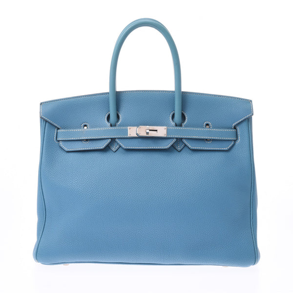 HERMES Hermes 35 Birkin Blue Gene Silver Hardware □ F Engraved (around 2002) Unisex Togo Handbag B Rank Used Ginzo