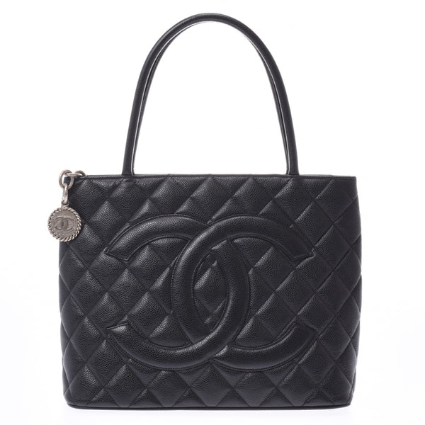 CHANEL Reprint Tote Black Silver Hardware Ladies Caviar Skin Tote Bag A Rank Used Ginzo