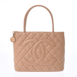 CHANEL Reprint Tote Beige Gold Metal Fittings Women's Caviar Skin Tote Bag A Rank Used Ginzo