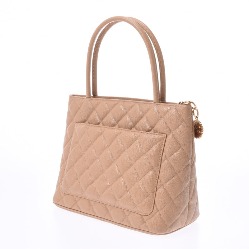 CHANEL Reprint Tote Beige Gold Metal Fittings Women's Caviar Skin Tote Bag A Rank Used Ginzo