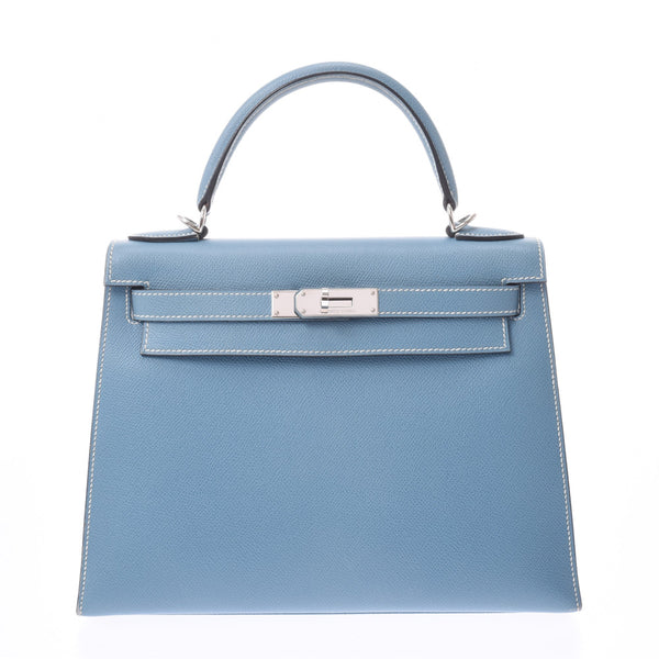 HERMES Hermes Kelly 28 Outer stitch 2WAY bag Blue Gene Silver metal fittings □ J engraved (around 2006) Ladies Vaux Epson handbag AB rank used Ginzo