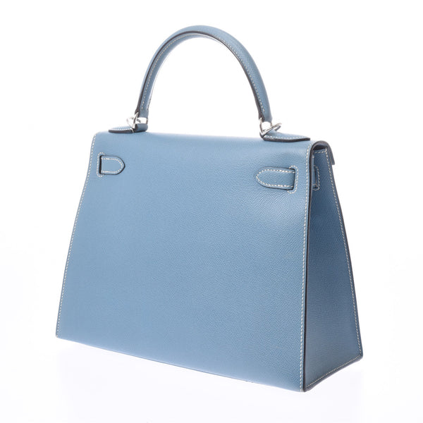 HERMES Hermes Kelly 28 Outer stitch 2WAY bag Blue Gene Silver metal fittings □ J engraved (around 2006) Ladies Vaux Epson handbag AB rank used Ginzo