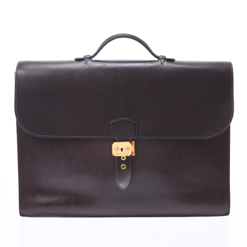 HERMES Hermes Sack Adepeche 41 Briefcase Dark brown gold metal fittings □ F engraved (around 2002) Men's BOX calf business bag B rank used Ginzo