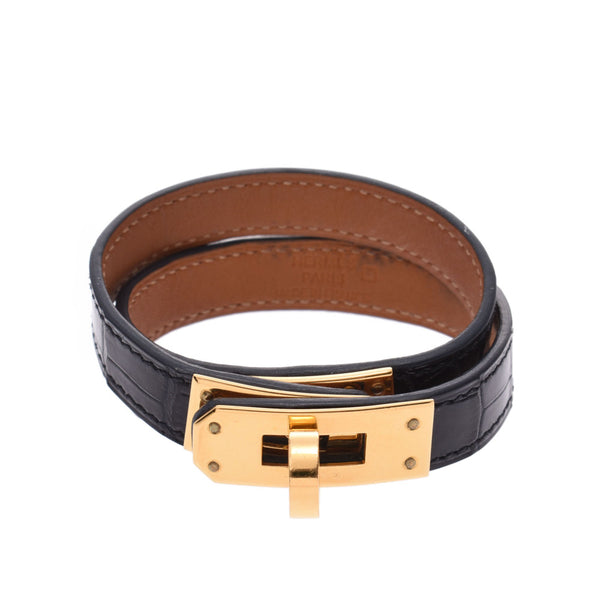 HERMES Hermes Kelly Bracelet Double Tour Black Gold Metal Fittings X Engraved (Around 2016) Ladies Crocodile Bracelet AB Rank Used Ginzo