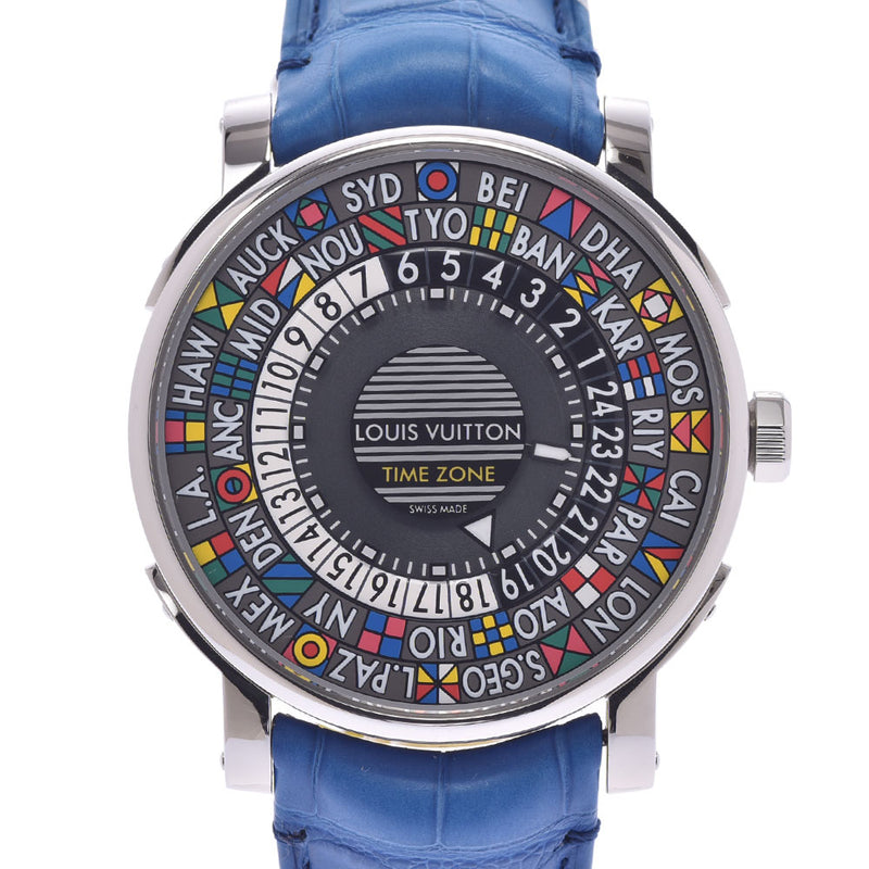 LOUIS VUITTON Louis Vuitton Eskar Time Zone Q5D20 Menses SS/leather watch, automatic winding, automatic gray-colored, A-rank second-hand silver