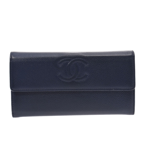 CHANEL zipper long wallet navy blue unisex caviar skin long wallet AB rank used silver stock